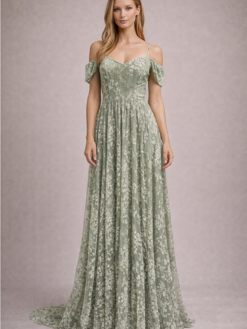 NEW Whimsy Sage Green Floral Lace Off-Shoulder Evening/Prom/Wedding Dress